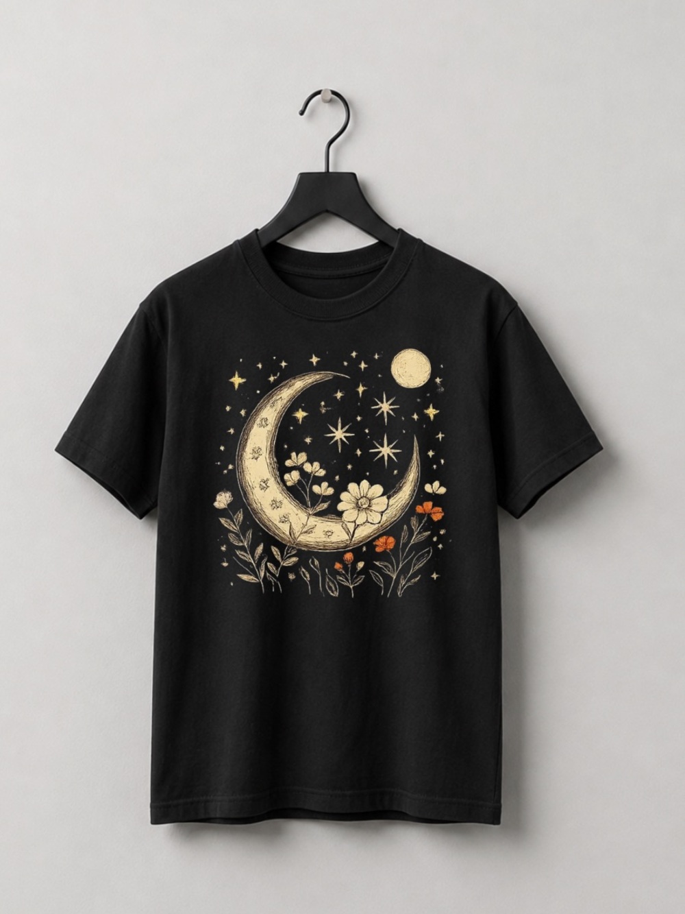 Black Tee with Gold Crescent Moon & Floral Print